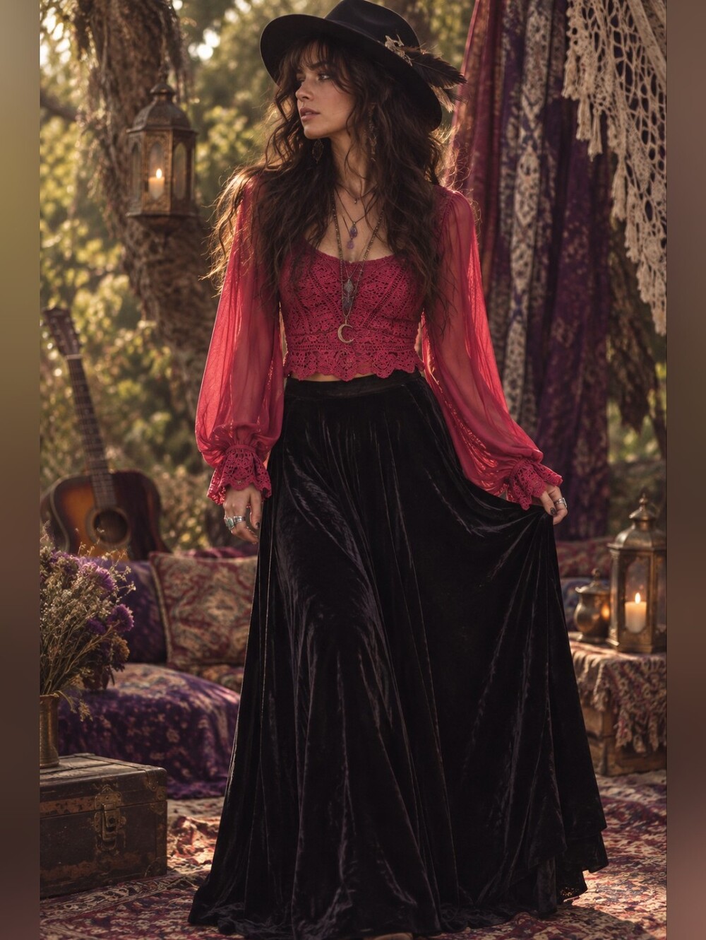 #14 Willow Burgundy Lace Bodice Maxi Top with Sheer Bishop Sleeves